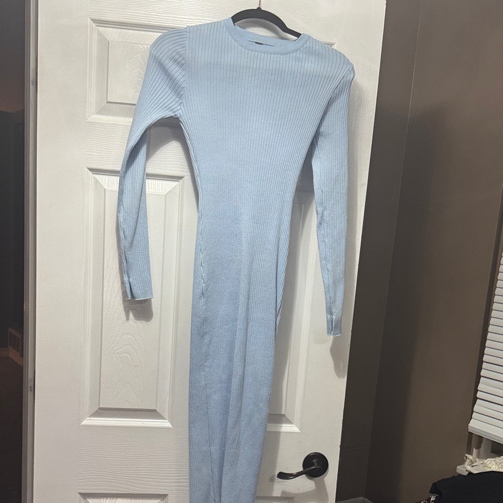 Light Blue Ribbed Long Sleeve Dress